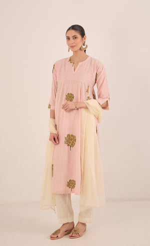COTTON CHECK APPLE TREE KURTA SET - PINK