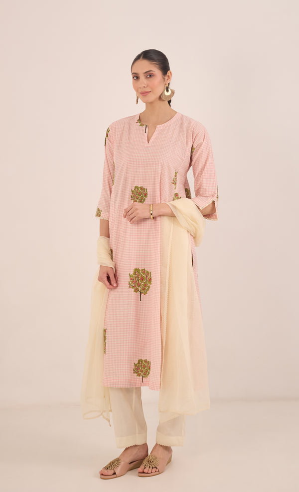 COTTON CHECK APPLE TREE KURTA SET - PINK