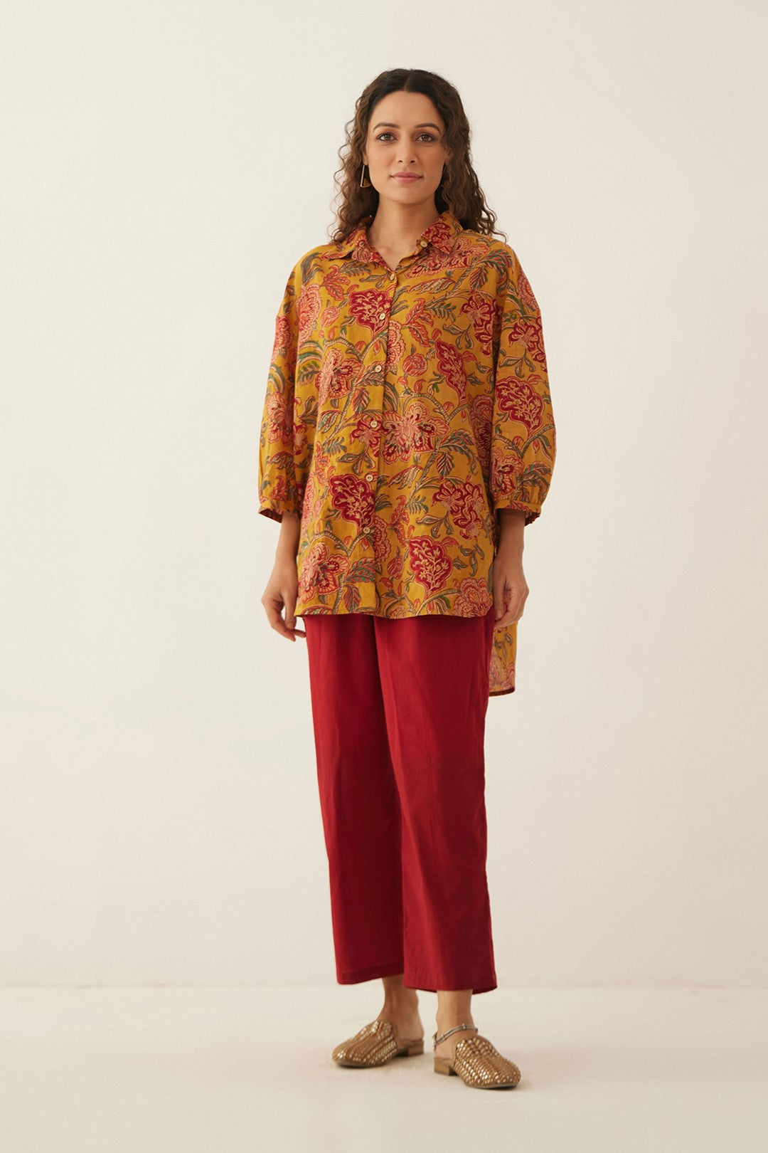 BURNT ORANGE FLORAL CHINTZ COTTON SHIRT WITH MAROON COTTON PANTS