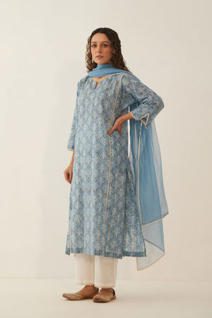 LIGHT COBALT BLUE COTTON FLORAL KURTA SET