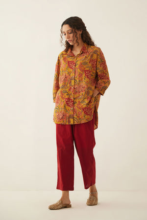 BURNT ORANGE FLORAL CHINTZ COTTON SHIRT WITH MAROON COTTON PANTS