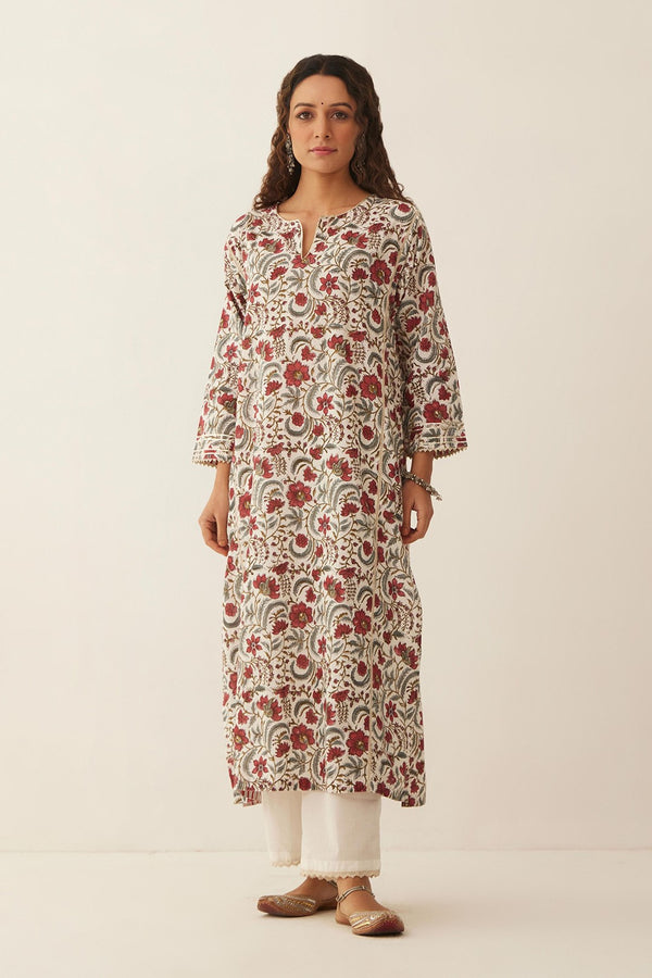 IVORY COTTON CHINTZ FLORAL KURTA WITH COTTON PANTS AND FLORAL DUPATTA