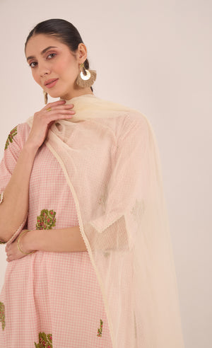 COTTON CHECK APPLE TREE KURTA SET - PINK