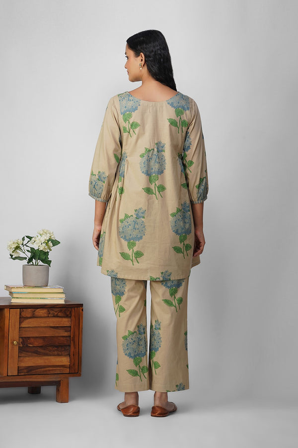 Blue Hydrangea Side Gather Block Printed Tunic with Floral Pants