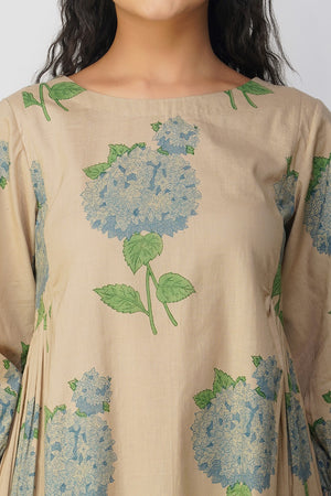 Blue Hydrangea Side Gather Block Printed Tunic with Floral Pants