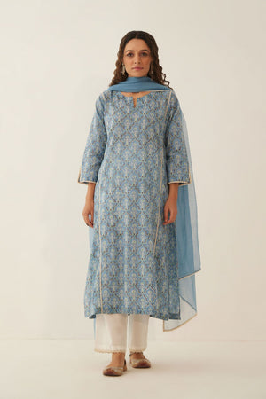 LIGHT COBALT BLUE COTTON FLORAL KURTA SET