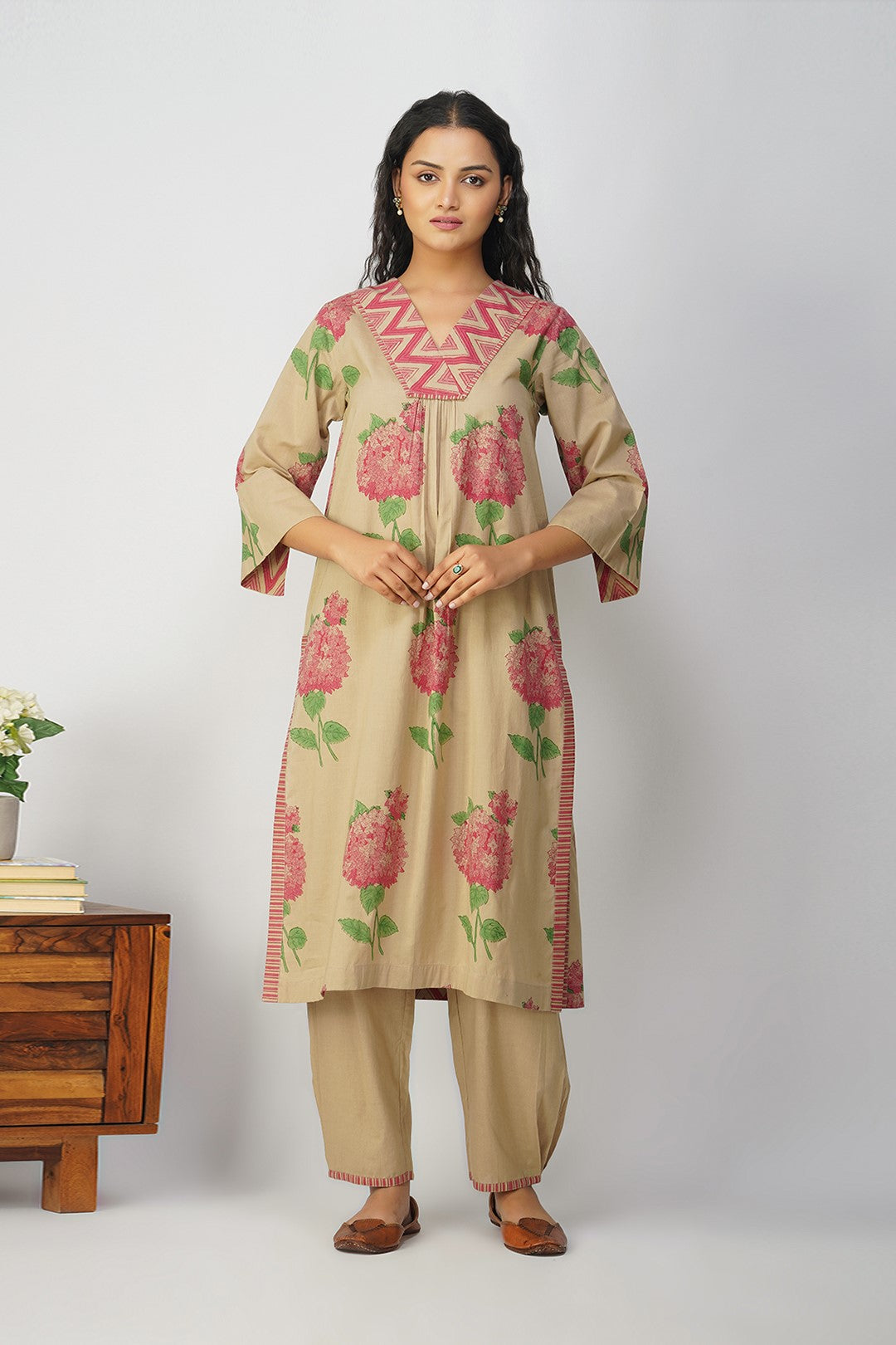 Pink Hydrangea Cotton Block Printed Kurta