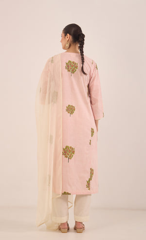 COTTON CHECK APPLE TREE KURTA SET - PINK
