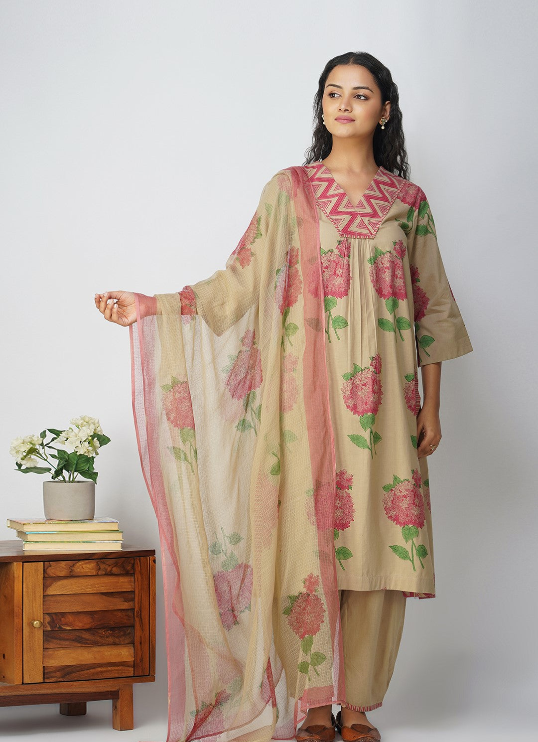 Pink Hydrangea Cotton Block Printed Kurta Set