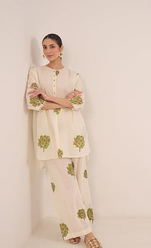 COTTON APPLE TREE KIMONO COORD SET - IVORY