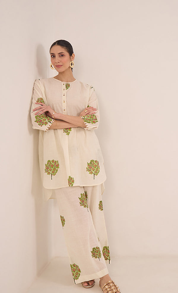 COTTON APPLE TREE KIMONO COORD SET - IVORY